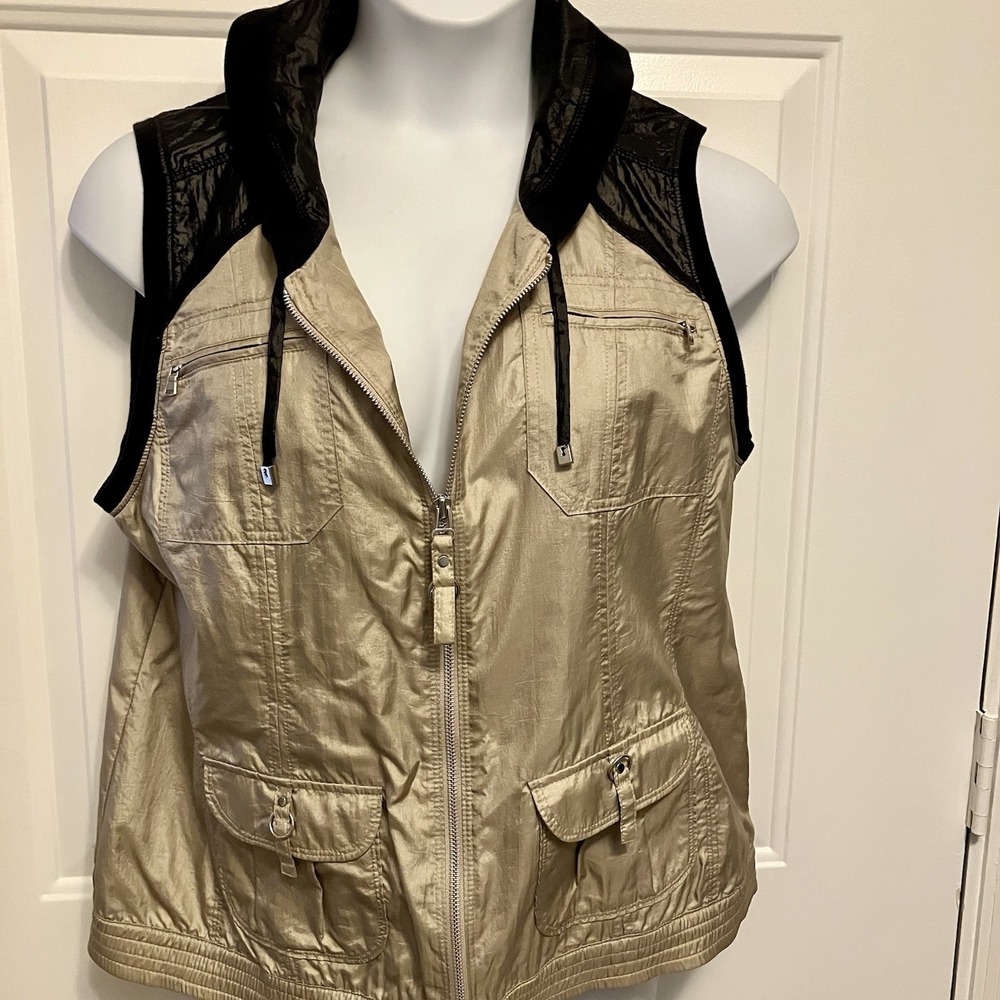Chico's Zenergy Sz 2 Large Windbreakerβ Tunic Vest Black Beige Full Zip Pockets